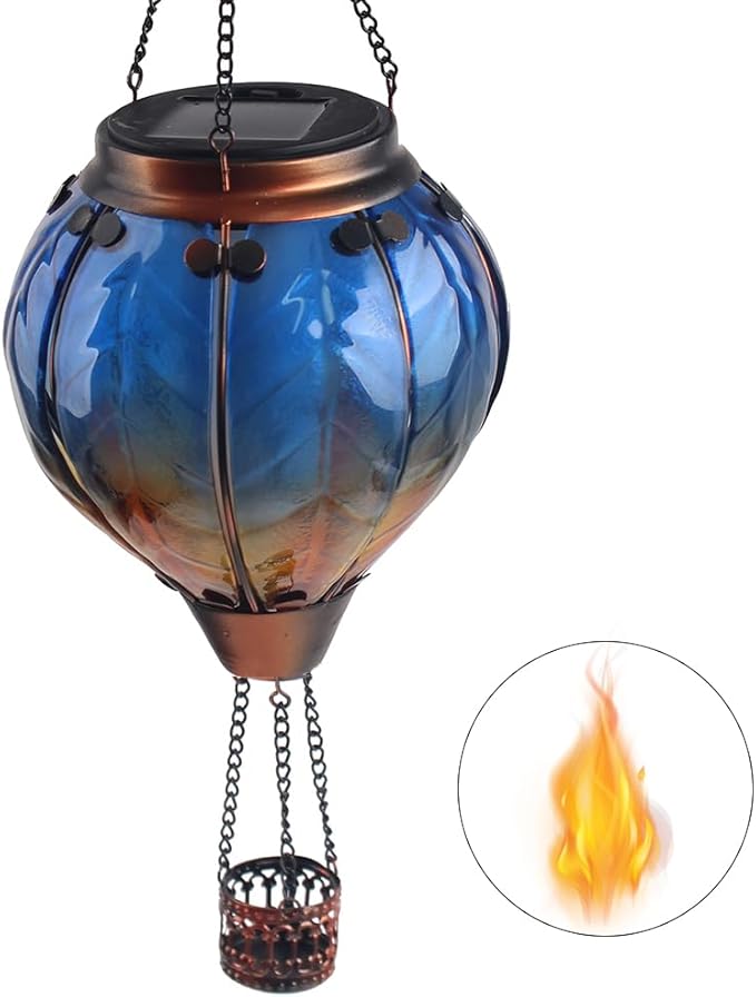 Hot Air Balloon Solar Lantern with Flickering Flame Hanging Solar Lanterns Outdoor Lights Waterproof Lanterns Decorative Garden Patio Yard Party Decor Blue