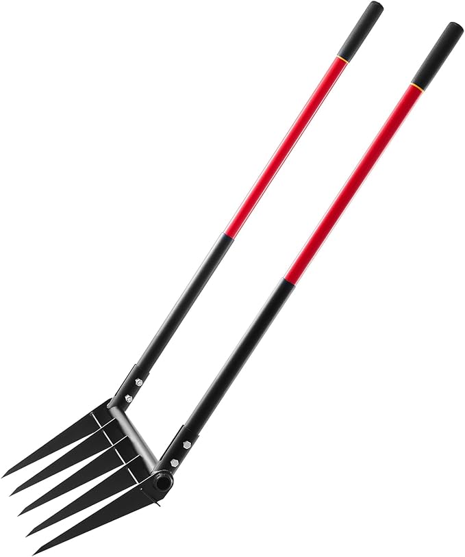 VEVOR Broad Fork, 5-Tine Pitchfork with Dual Fiberglass Handles, Heavy Duty Garden Fork, Ergonomic U-Shaped Design Broadfork Hand Tiller, Gardening Tool for Composting Transplanting Aeration