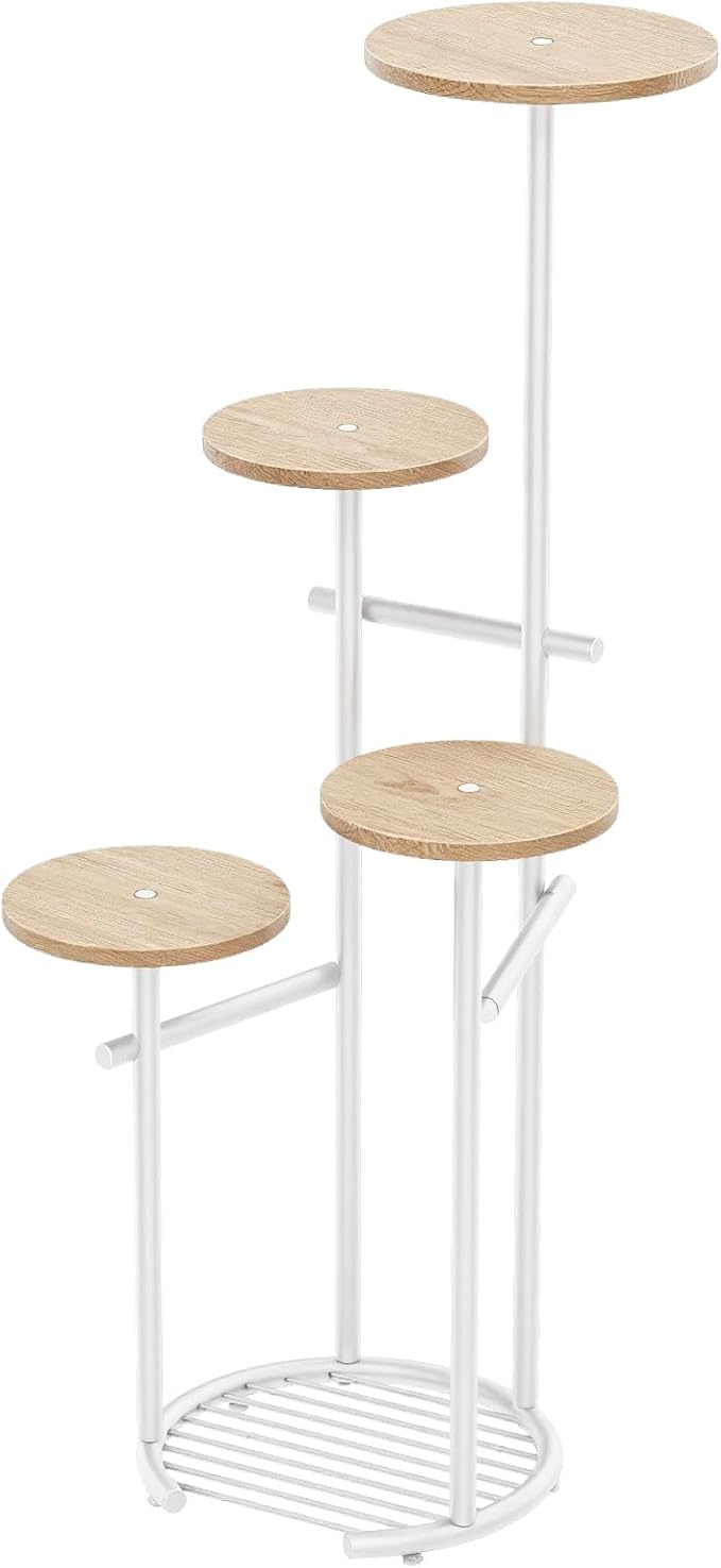 TOSKING 5 Tier Metal Plant Stand Indoor, Plant Shelf, Corner Shelf Flower Pot Stand for Outdoor Plant Stand for Living Room Balcony Garden Patio Bedroom (White and Wood, 42in)