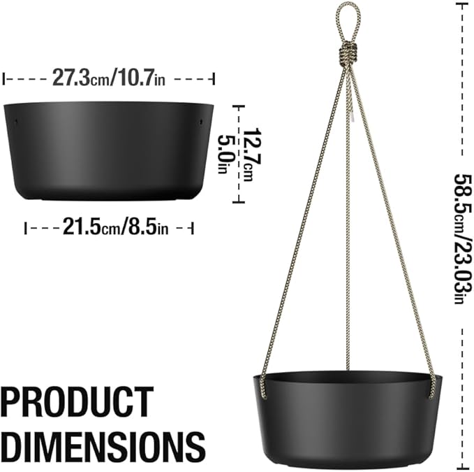 10.7 Inch Hanging Planter for Outdoor Indoor Plants,2 Pack Hanging Flower Pots with Drain Holes for Garden Home Decor Use (Black)