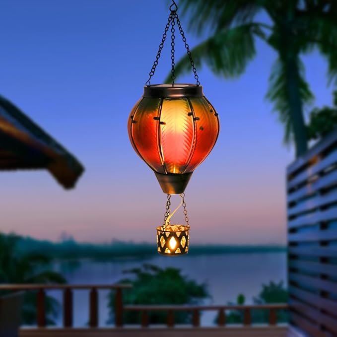 Colorful Solar Hot Air Balloon Lantern with Flame Flickering LED Glass Hanging Solar Lanterns Outdoor Waterproof Hot Air Balloon Lights for Patio Yard Garden Decor,Mother Day Gifts for Women