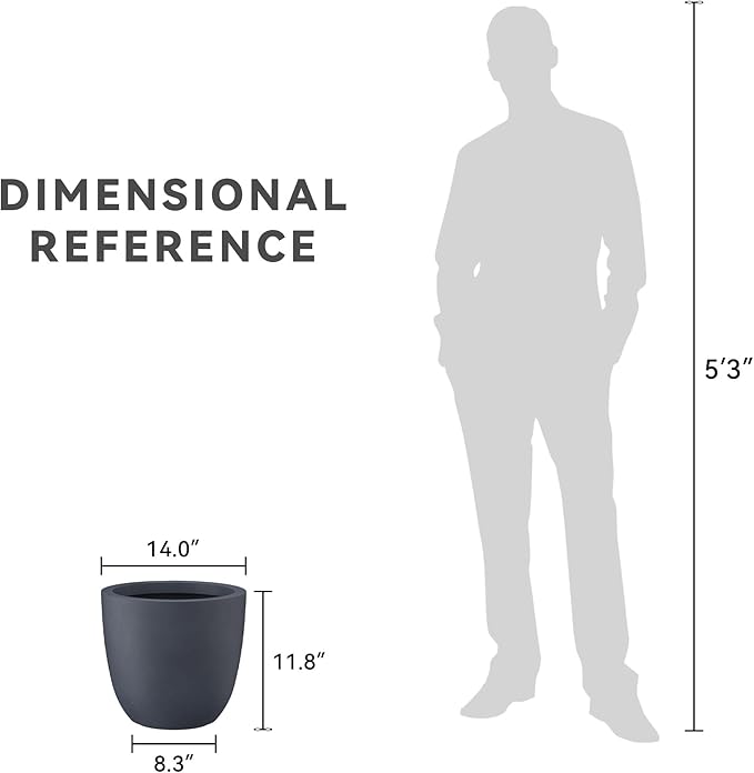 Kante 14 Inch Dia Round Concrete Planter, Indoor Outdoor Large Plant Pot with Drainage Hole and Rubber Plug for Home Patio Garden, Dark Gray