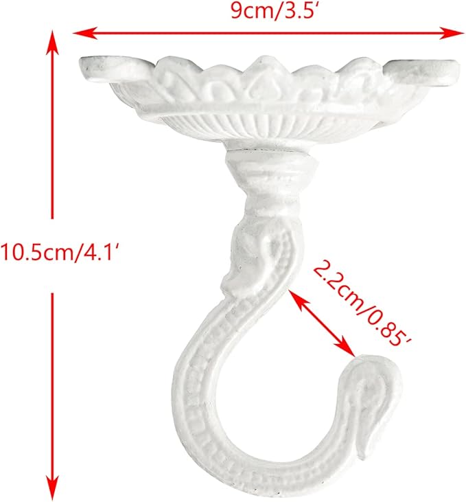Sungmor Heavy Duty Ceiling Hooks - 3PC White Cast Iron Antique Decorative Hooks for Hanging Plants, Planters, Wind Chimes, Lanterns