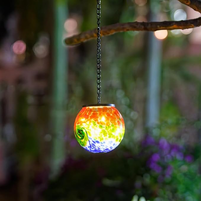 Hanging Solar Lanterns Outdoor Waterproof, Hanging Glass Solar Lantern with Hook, Gazing Ball Lantern Decor for Tree Yard Patio