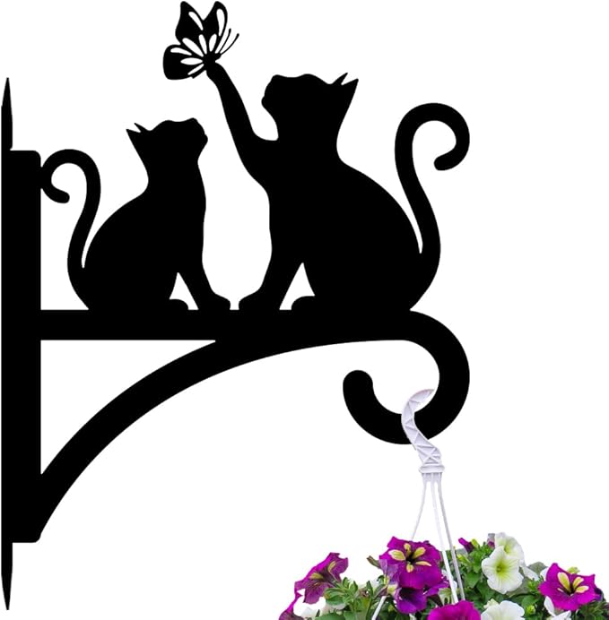 Peacoblue Iron Plant Hangers Hooks for Outdoor Indoor Hanging Plants Fern Pots, Lantern, Bird Feeder, Wind Chimes, 12โx14โ Cat Weather Resistant Metal Wall Brackets Holder for Porch, Garden, Home(Cat)