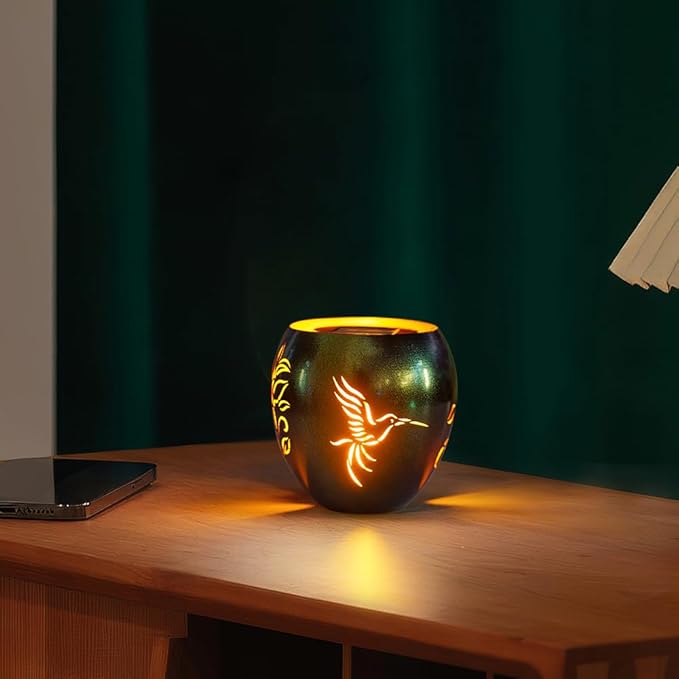 VEWOGARDEN Solar Lanterns Outdoor Waterproof Hummingbird & Plant Hollowed-Out Metal Lantern Solar Lights with Flickering Flame for Patio Porch Table, Green