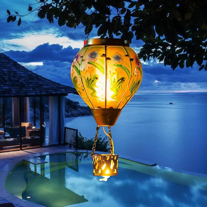 Starsoul Frog Hot Air Balloon Solar Lantern with Candle Holder Glass Outdoor Solar Hot Air Balloon Flickering Flame Lamp Hanging Garden Light Waterproof for Lawn Porch Tree Yard Decorations