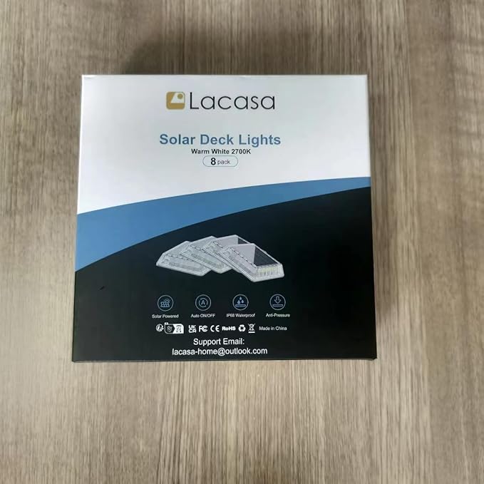 Lacasa Solar Deck Lights, 8 Pack 30LM LED Dock Lights Warm White 2700K, Outdoor Solar Powered Step Lights Light up All Night IP68 Waterproof Auto ON/Off for Garden Stairs Driveway Pathway Lighting