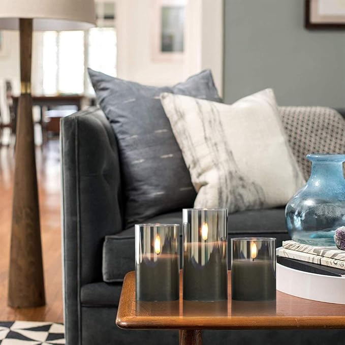 Glass Rechargeable Flameless Candles with Remote Timer, Realistic 3D Wick LED Battery Operated Candles with Flickering Flame,Home Decoration for Wedding Birthday Festival(Grey)