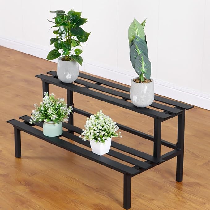Sturdy 2-Tier Metal Plant Stand for Outdoor & Indoor, Decorative Planter Display Shelf Unit for Garden Patio Balcony Living Room