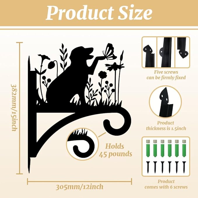 Peacoblue Iron Plant Hangers Holder for Outdoor Indoor Hanging Plants Fern Pots, Lantern, Bird Feeder, Wind Chimes, 12โx14โ Dog Weather Resistant Metal Wall Brackets Hooks for Porch, Garden, Home(Dog)