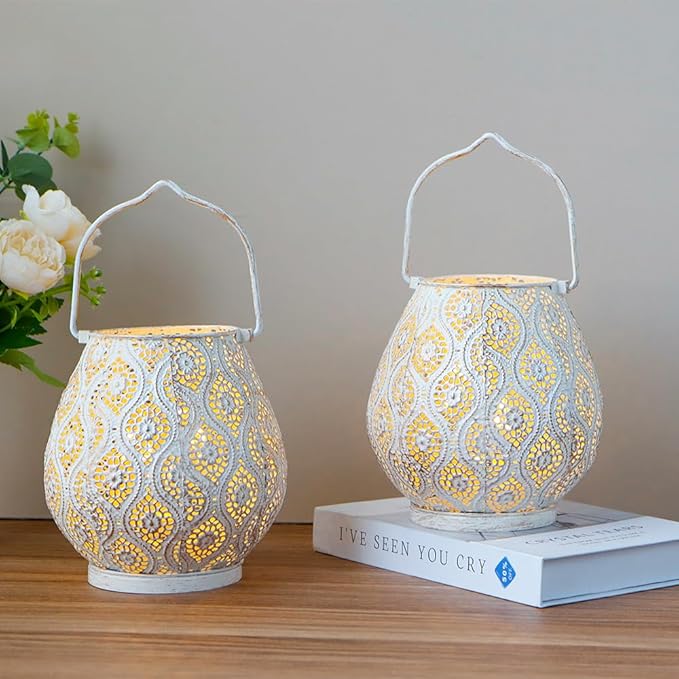 TRIROCKS Set of 2 Moroccan Decorative Lamps 8'' High Battery Powered Cordless Lamp Metal Table Lamps with Fairy Lights Bulb for Home Living Room Garden Yard Party Events Tabletop Indoor Outdoor(White)