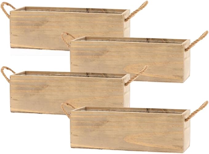 Wooden Planter Box with Handle, Rustic Barn Wood, Plastic Liner l Garden Decor l Restaurant and Wedding Decorations l Wedding Table Centerpiece (12x4 w Handle Set of 4, Natural)