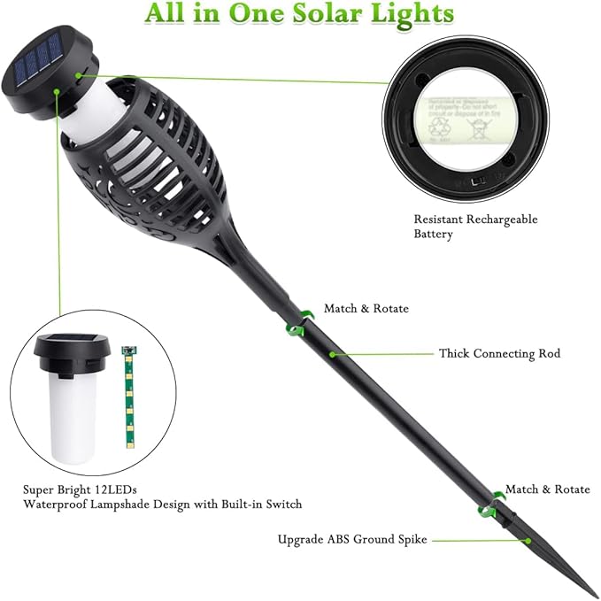 Outdoor Solar Lights, 12Pack Solar Torch Light with Flickering Flame, Garden Lights Waterproof for Outdoor Decor, Tiki Torches for Outside, Luces Solares para Exteriores Pathway Yard Garden Decor