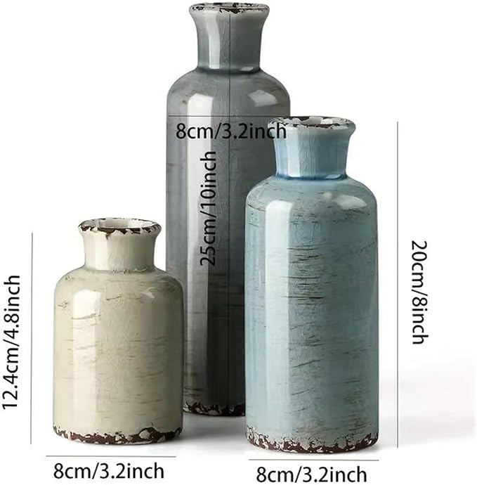 Ceramic Vase Set of 3,Small Rustic Vintage Decorative Vase for Home Decor,Modern Farmhouse Vases for Living Room,Table Shelf,Centerpieces,Fireplace and Entrance Decorative-Multicolor