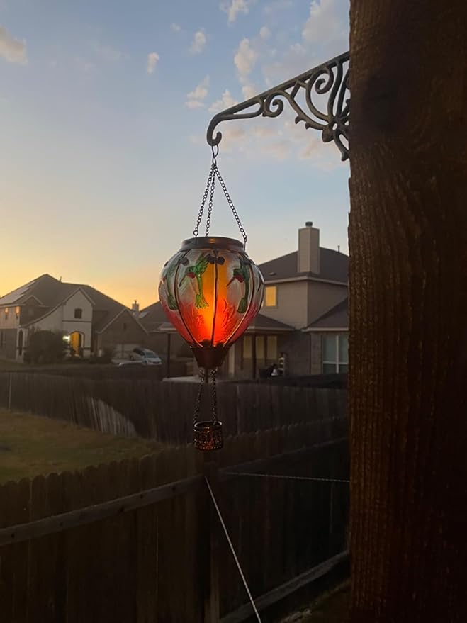 2PCS Solar Hot Air Balloon Lanterns with Flame Glass Hot Air Balloon Lights with 2PCS Shepherd's Hooks Waterproof Hanging Outdoor Solar Lantern for Yard Patio Christmas Decor (Hummingbird)