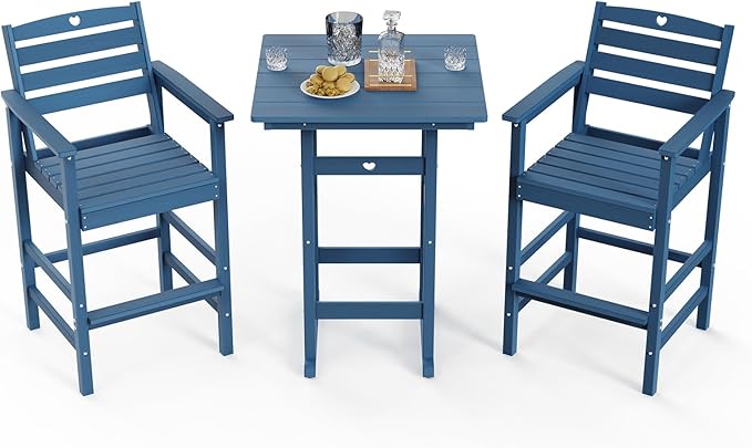 3-Piece Bar Height Patio Table and Chairs Set, HDPE Wood Grain Outdoor Bar Table and Chairs with Heart Cutout Design, Weather-Resistant Bar Height Furniture for Deck, Porch, Pool (Navy Blue)