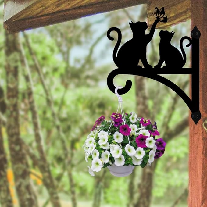 Peacoblue Iron Plant Hangers Hooks for Outdoor Indoor Hanging Plants Fern Pots, Lantern, Bird Feeder, Wind Chimes, 12โx14โ Cat Weather Resistant Metal Wall Brackets Holder for Porch, Garden, Home(Cat)