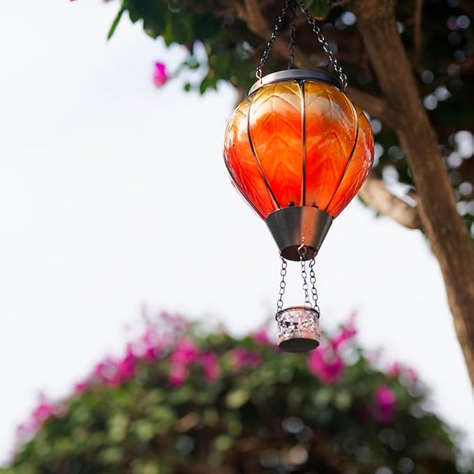 Starsoul Orange Solar Hot Air Balloon Lantern Glass Hot Air Balloon Solar Lantern with Flickering Flame Light Outdoor Solar Hanging Lights Waterproof for Garden Yard Patio