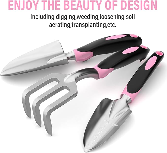 Garden Tool Set SOYUS Heavy Duty 3 Piece Gardening Hand Tools Aluminum Garden Shovel for Planting Hand Trowel Cultivator Rake with Ergonomic Non-Slip Rubber Grip Pink Gardening Gifts for Women