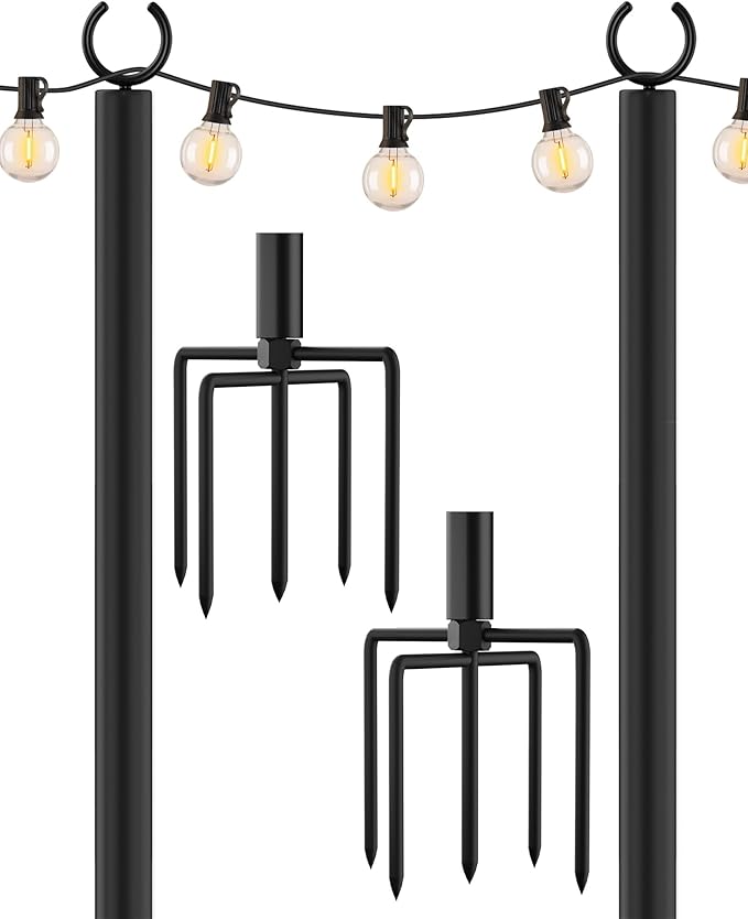 LAND·VOI Metal String Light Poles for Outside Hanging - Backyard, Garden, Patio, 2 Pack Lighting Stand with Adjustable Height for Outdoor Parties, Wedding, Extra-Long 5-Prong Claws, (9.6FT) FLP02B