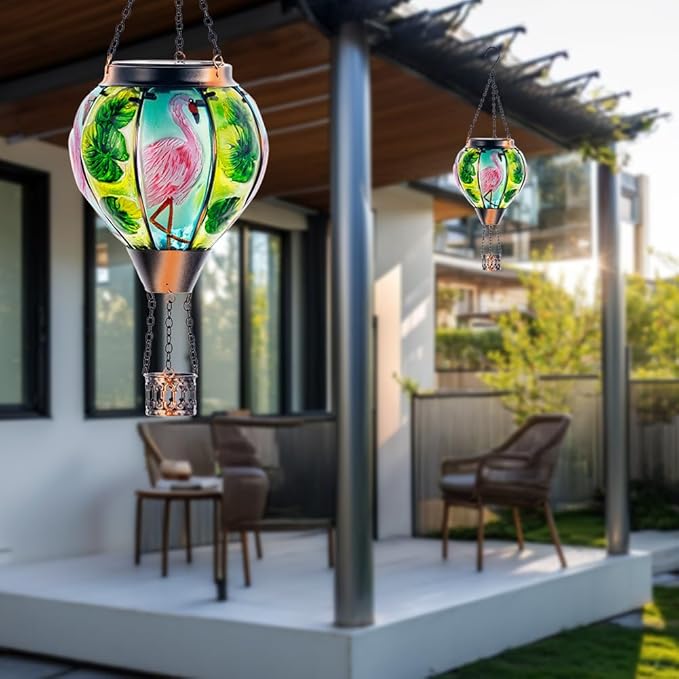 Starsoul 2 PC Flamingo Hot Air Balloon Solar Lantern with Flame Glass Outdoor Hanging Hot Air Balloon Solar Light Waterproof Garden Patio Yard Party Decorations