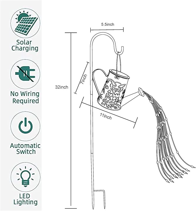Solar Watering Can with Cascading Lights - Large Waterfall Lights Garden Decor, Owl Shape Solar Hanging Lantern Outdoor Waterproof , 96 LEDs String Light Flashing for Patio,Lawn,Garden,Pathway
