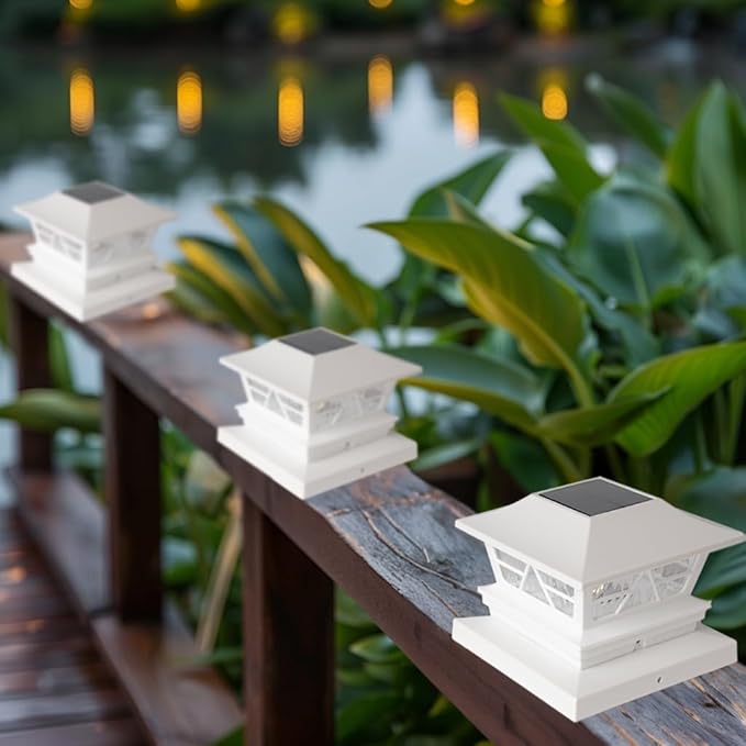 TW SHINE 2 Pack Solar Outdoor Fence Post Lights, 2 Modes Post Cap Lights Waterproof Warm White/Cool White for Yard, Garden, Porch, Patio Decor, for 4x4 5x5 6x6 Wood Posts, White