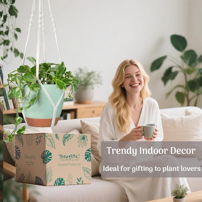 Self Watering Hanging Planters for Indoor Plants 3 Pack Macrame Plant Hangers with Drainage Holes Pots and Hooks for Home Garden Decor Green