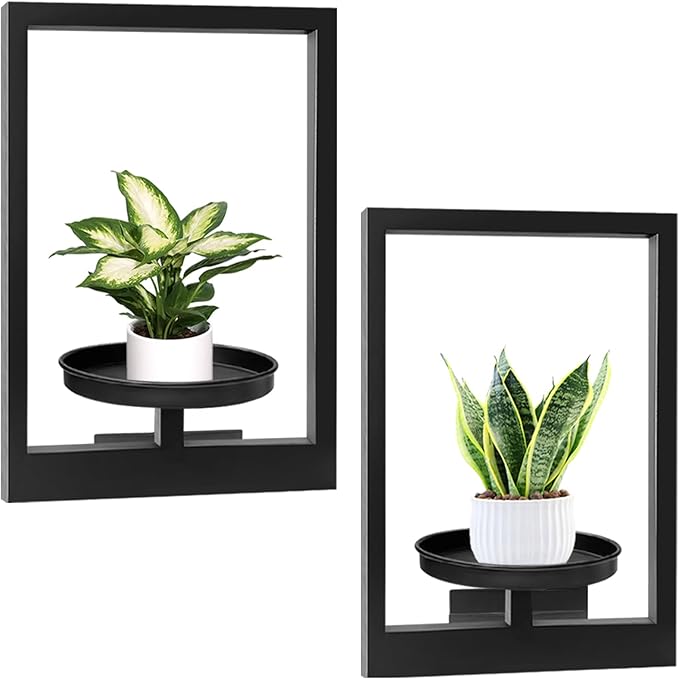 Picture Frame Plant Holder, Wall Mount Plants shelf Indoor Outdoor, Metal Hanging Planters Stand Decor, Window Planter Hanger Shelves, Modern Floating Ornament Rack Art for Home & Garden((Black 2pc))