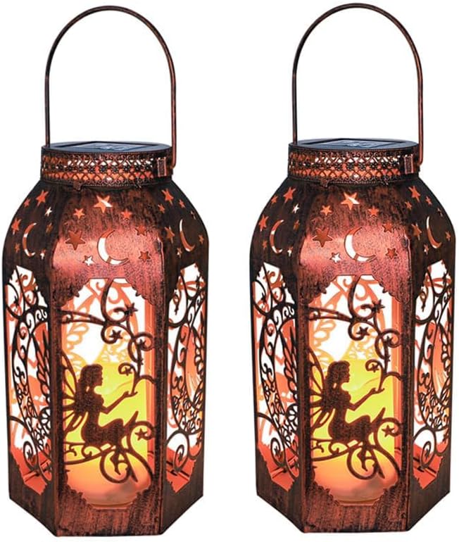 Solar Lanterns Outdoor Garden Hanging Lantern Waterproof LED Metal Bronze Moon Fairy Lantern Waterproof Flickering Flameless Candle Mission Lights for Table,Patio,Mother's Day Gift(2Pack)