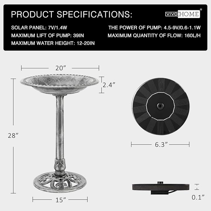 VIVOHOME Polyresin Antique Outdoor Gray Garden Bird Bath and Solar Powered Round Pond Fountain Combo Set