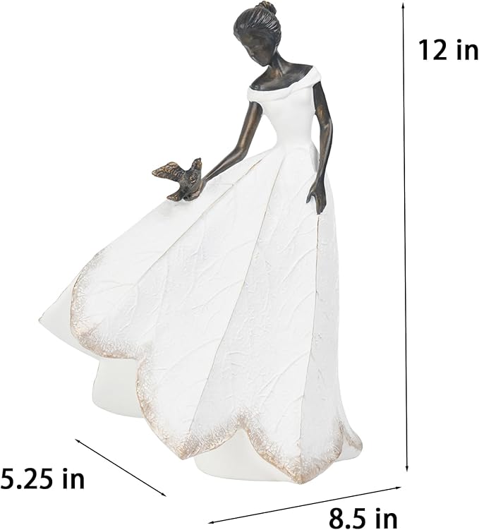 Guichifun Fairy Statue Collection Home Decoration - White Leaf Angel Girls with Bird Resin Home Decor for Outdoor or Indoor Outdoor Yard Decorations Figurines Retirement Gift 8.5 x 5.25 x 12 Inch