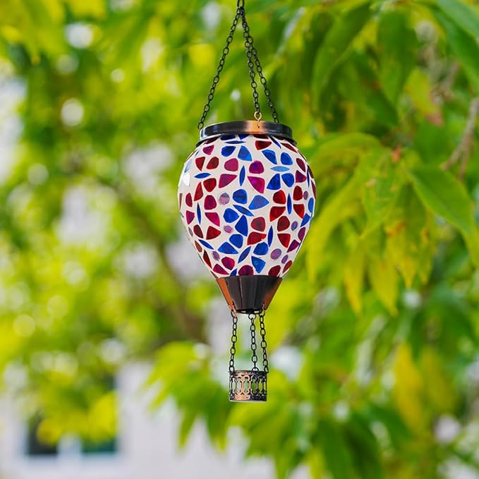 DREAMSOUL Butterfly Mosaic Hot Air Balloon Solar Lantern Hanging Glass Decorative LED Light Solar Lanterns Outdoor Waterproof