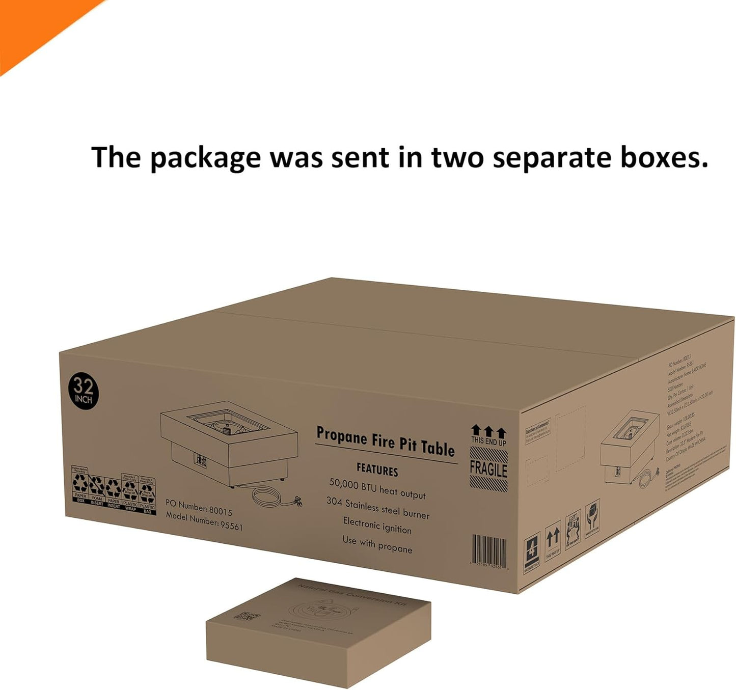 32.5-inch Fire Table with Natural Gas Conversion Kit, 50,000BTU Outdoor Modern Patio Fire Pit Table w/Square Burner Lid, Glass Rocks, Cover