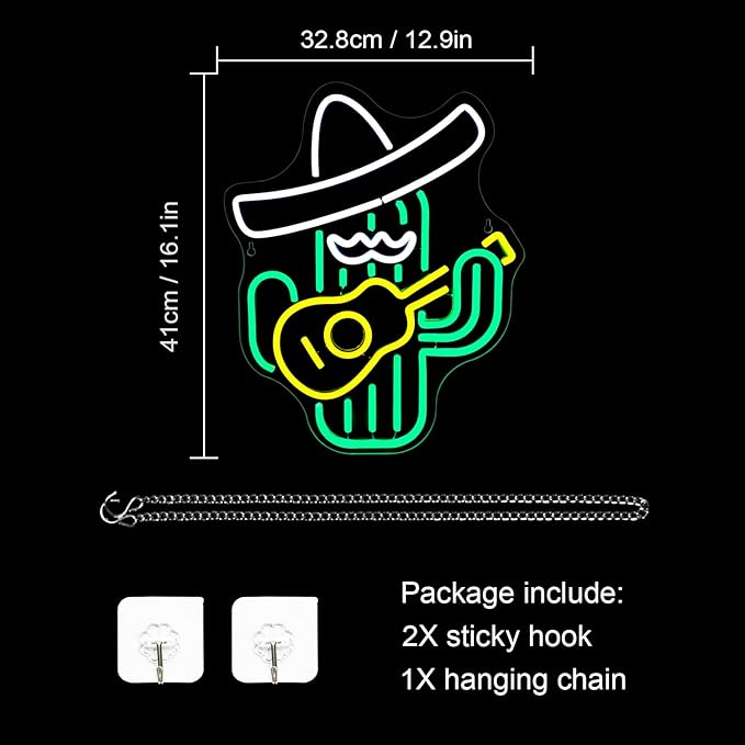 WLHOPE Cactus Neon Sign Cowboy Hat Neon Signs Green Led Neon Signs for Wall Decor, Guitar Cactus Neon Led Signs USB Anime Neon Light for Bedroom Game Room Kids Room Home Bar Party Shop Gift
