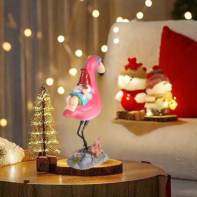 Gnome Garden Statue Funny Gnome Reclining on Flamingo Figurines, Resin Garden Gnomes Fall Decorations Outdoor for Patio Yard Lawn Porch, Ornament Gift