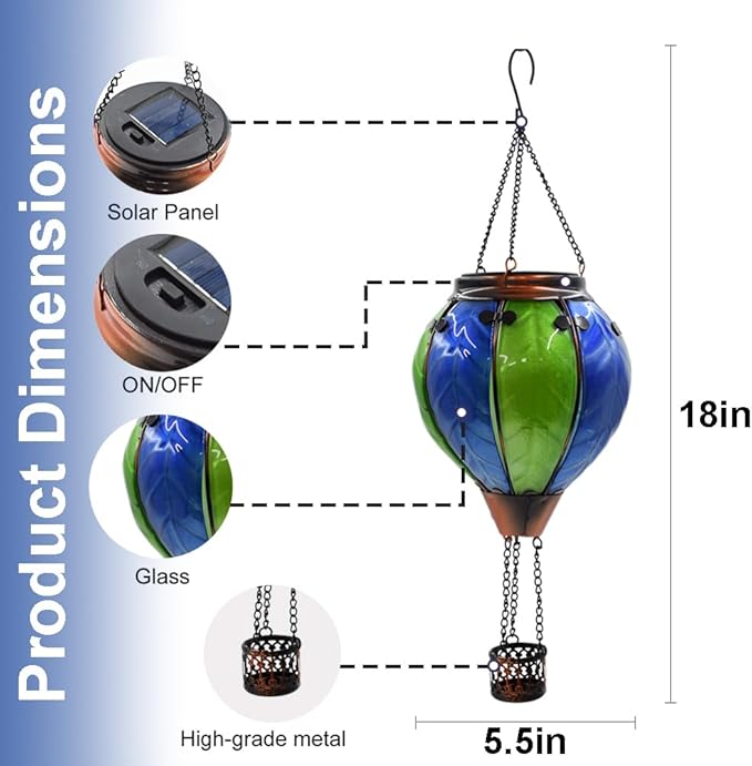 Hot Air Balloon Solar Lantern with Flickering Flame Hanging Solar Lanterns Outdoor Lights Waterproof Lanterns Decorative Garden Patio Yard Party Decor Green&Navy
