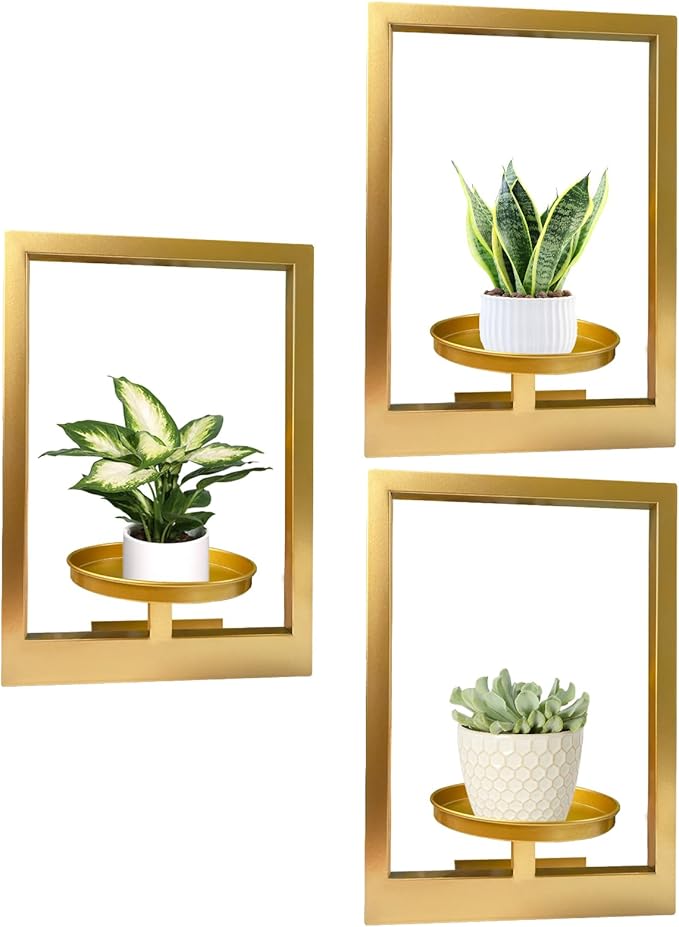 Picture Frame Plant Holder, Wall Mount Plants shelf Indoor Outdoor, Metal Hanging Planters Stand Decor, Window Planter Hanger Shelves, Modern Floating Ornament Rack Art for Home & Garden(Gold 3pc)