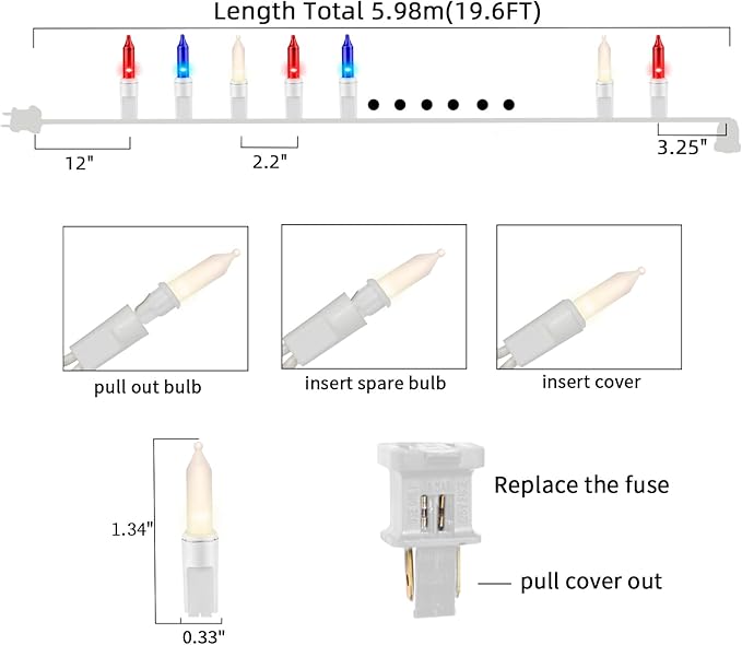 Ultra-Bright Connect End to End Red White and Blue Christmas Mini Light 100L 19.6Ft UL Listed Incandescent Bulb String Light Set for Indoor Outdoor National Day Garden Christmas Tree Decor
