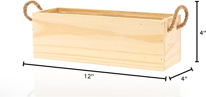 Wooden Planter Box with Handle, Rose Wood, Plastic Liner l Garden Decor l Restaurant and Wedding Decorations l Wedding Bouquets, Table Centerpiece, 12 x 4 Inches, (12x4 w Handle Set of 4, Rose Wood)