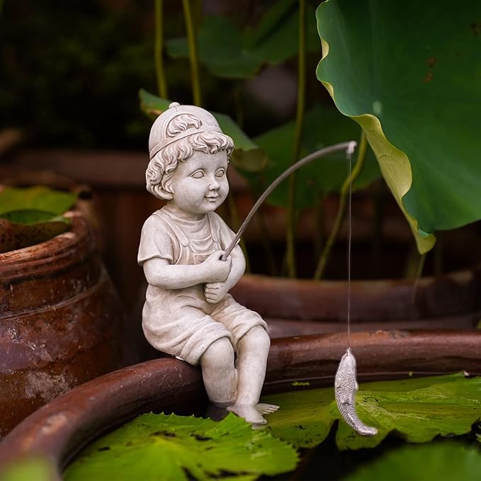 Goodeco Fisherboy Statue Garden Decor - 11" Little Fishing Guy for Koi Pond or Waterfalls, Poolside Statue with Glow in Dark Pebbles Included, Great Gifts for Mom, Women or Birthdays, Gift Ideas