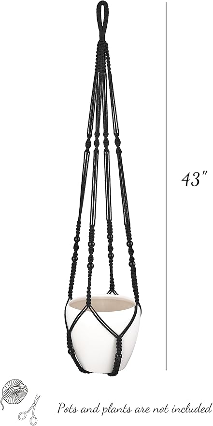 Mkono 43 Inch Macrame Plant Hanger Large for up to 12 Inch Pot Extra Long Hanging Plant Holder No Tassels Hanging Planter Basket with Wood Beads for Indoor Outdoor Boho Home Decor, Black