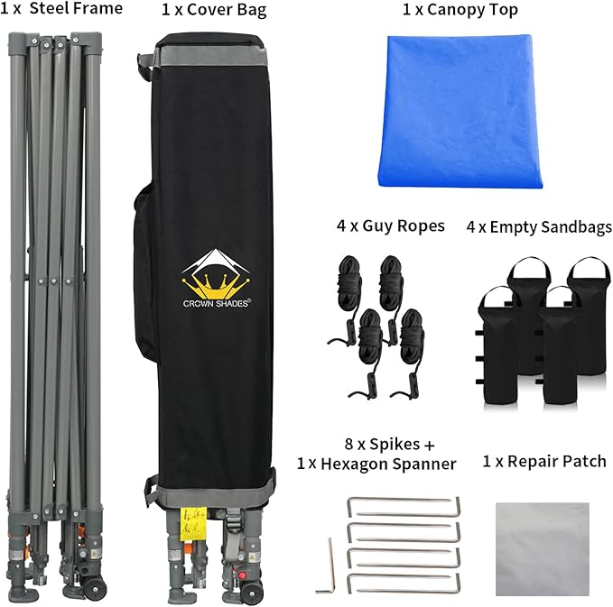 CROWN SHADES Adjustable Height on The Fly, 10x10 Pop Up Canopy - Beach Tent with One Push Setup - Easy Outdoor Sun Shade for Events, Parties, Camping - Outside Shade with STO-N-Go Bag, Blue