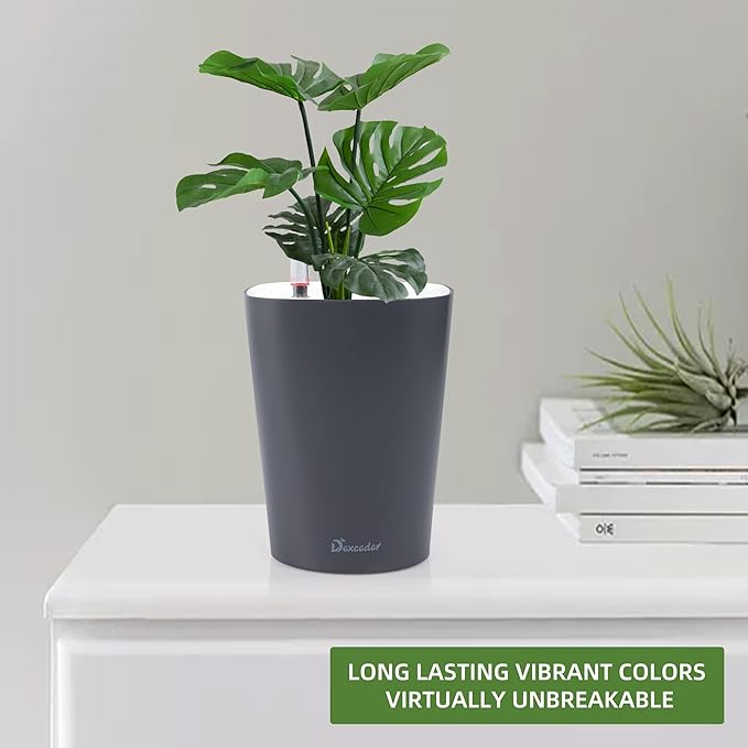 Dexceder 6x7 Self Watering Planter Indoor Outdoor, Matte Table Flower Plant Pot with Water Level Indicator (Slate Gray)