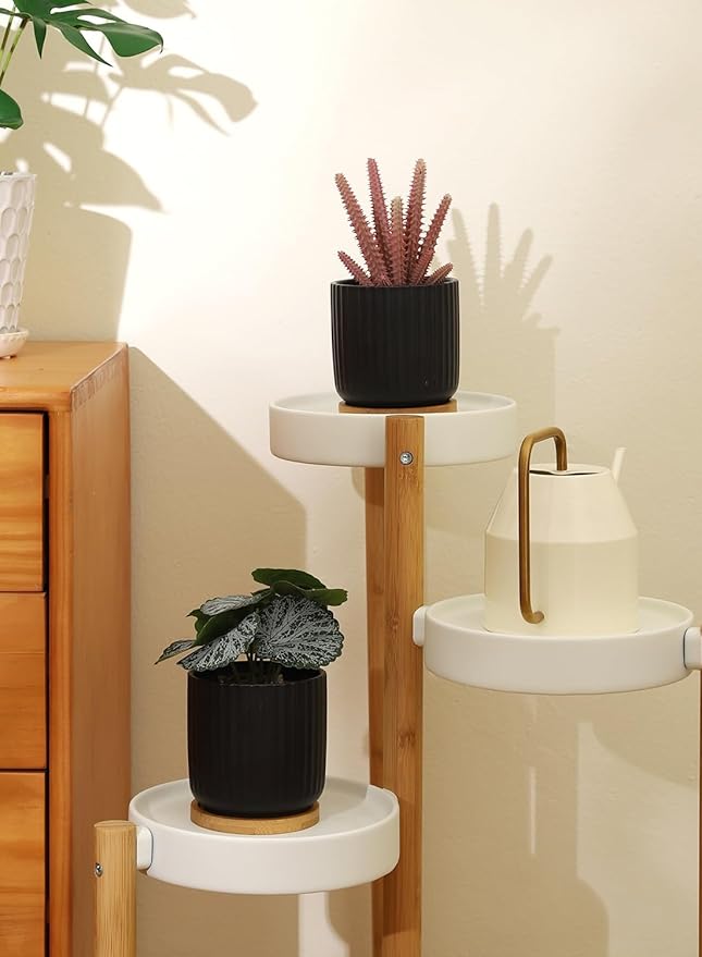 TAMAYKIM 4 Inch Small Cylinder Ceramic Plant Pots with Drainage Holes, Modern Indoor Planters with Tray for Aloe, Succulent, Snake Plants, Cactus & Herbs, Black, Set of 4