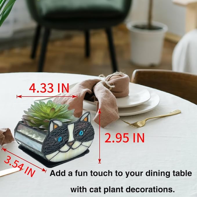 Cactus Black Cat Planter, Cute Small Stained Glass Cat Planter,Cat Terrarium Planter for Tabletop Houseplants,Gifts for Cat Lovers 4.33x3.54x2.95 in (Flower Pot Does not Include Plants)