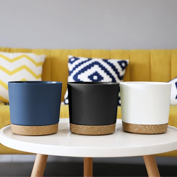 ZMTECH Plant Pots, Set of 3 8'' Self Watering Plastic Planter with Drainage Hole and Saucer, Modern Decorative Flower Pot for Indoor Outdoor House Plants, Succulents, Flowers - Blue