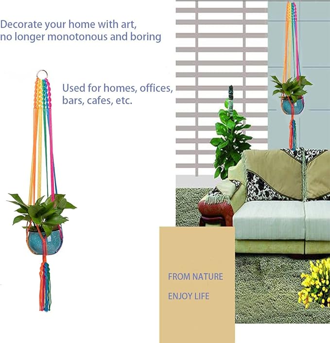 Rainbow Colorful Macrame Plant Hanger with 4 Hooks, Hanging Plant Holder Indoor Outdoor, Handmade Cotton Rope for Boho Room Decor Hanging Ceiling Decor,2 Pack