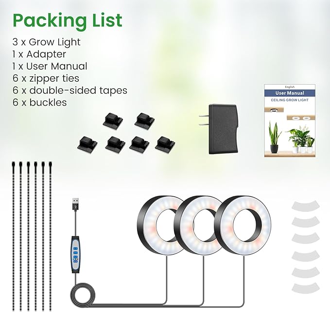 Wiaxulay Grow Lights for Indoor Plants, 144 LEDs Full Spectrum LED Plant Grow Light, 5V/3A Under Cabinet Grow Lamp with Auto Timer 6/12/16 Hrs, 3 Lighting Mode, 5 Brightness Levels, Tri Head (3.5in)